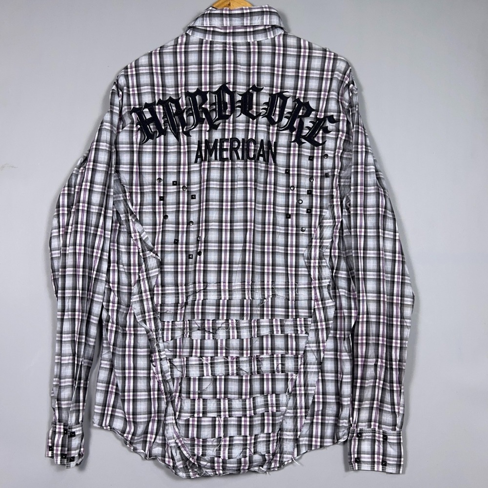Blac Label Y2K Embroidered Shirt Mens Size XL Studded Plaid Grunge American